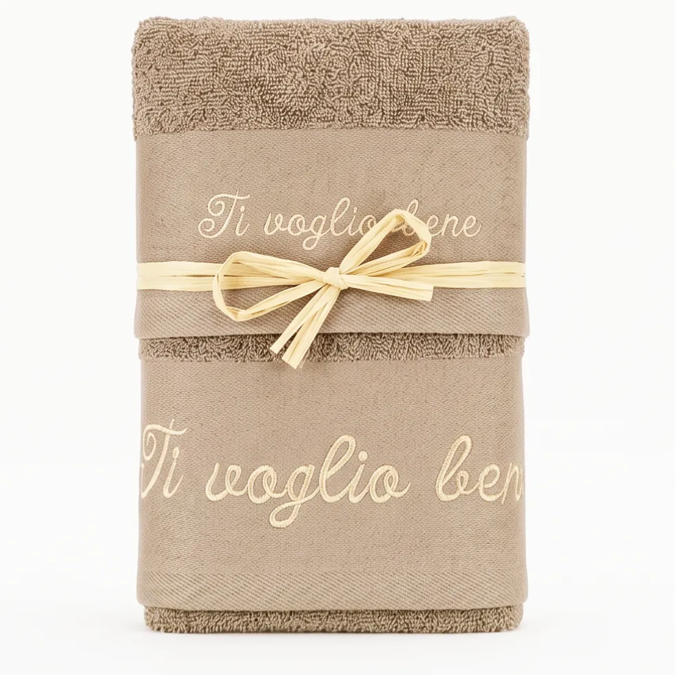 Asciugamani Ricamati Ti Voglio Bene tortora | Idea Regalo