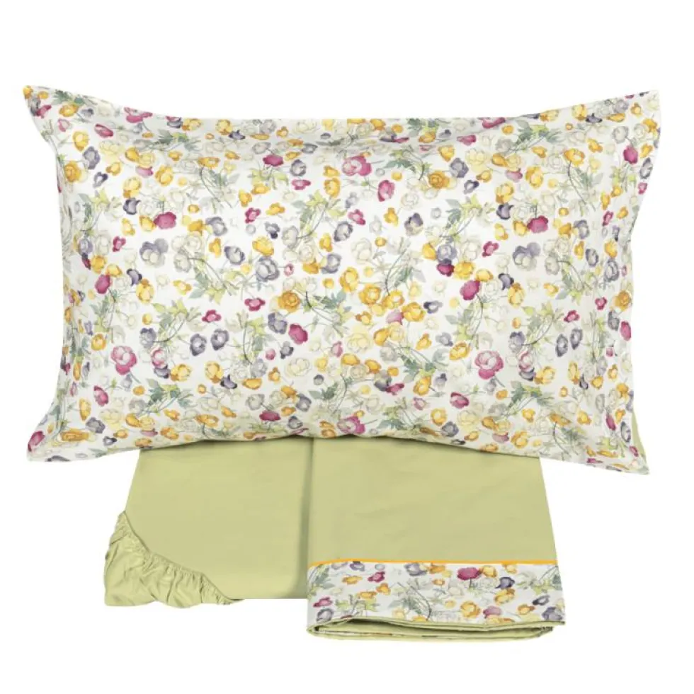 Completo lenzuola Fazzini in percalle BLOOMS floreale verde