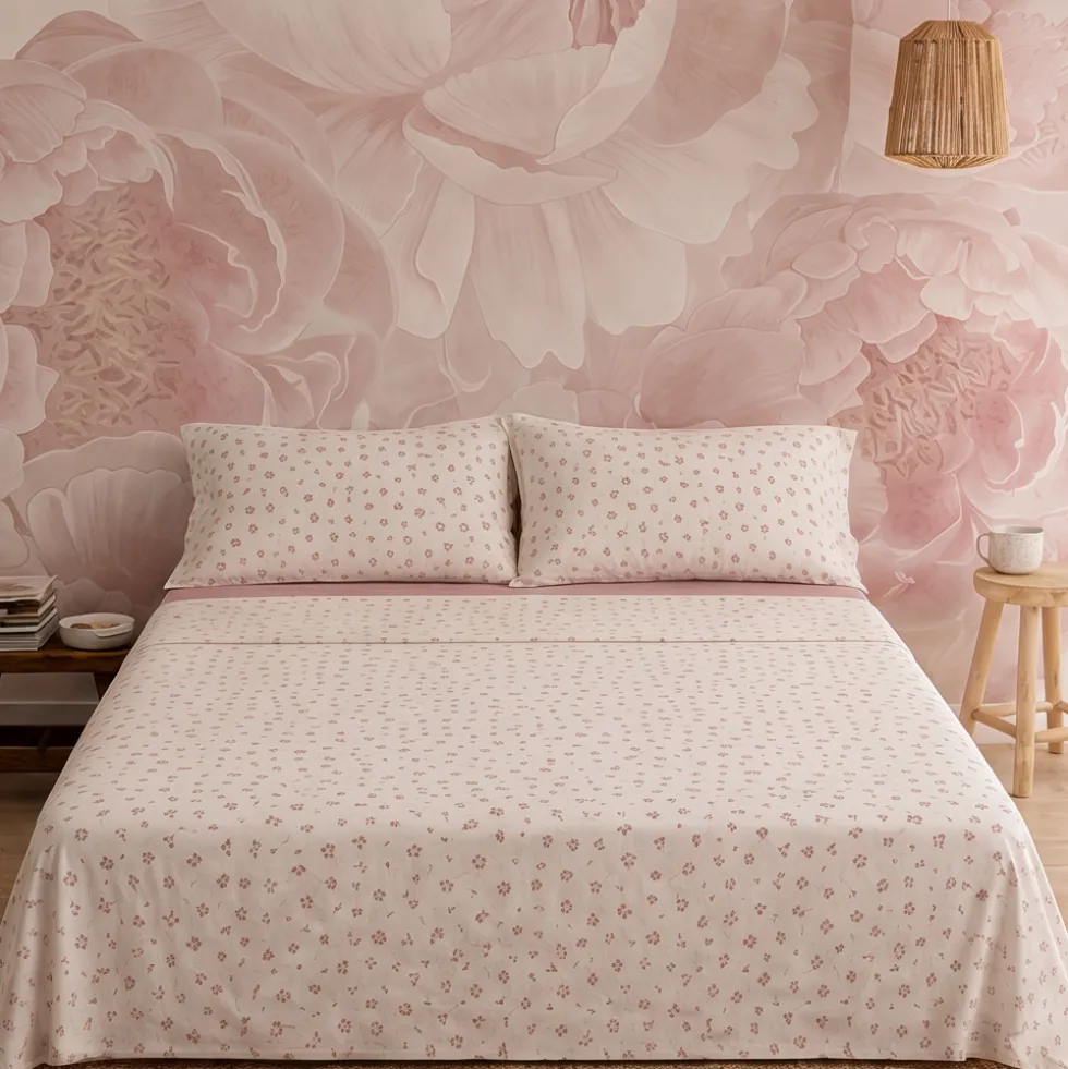 Completo Lenzuola Matrimoniale in Cotone Fiorellini di Campo Rosa Fondo Bianco