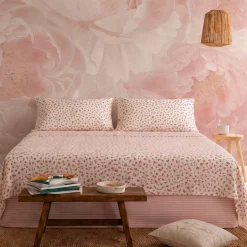 Completo Lenzuola Matrimoniale in Cotone Fiorellini Rosa Fondo Bianco