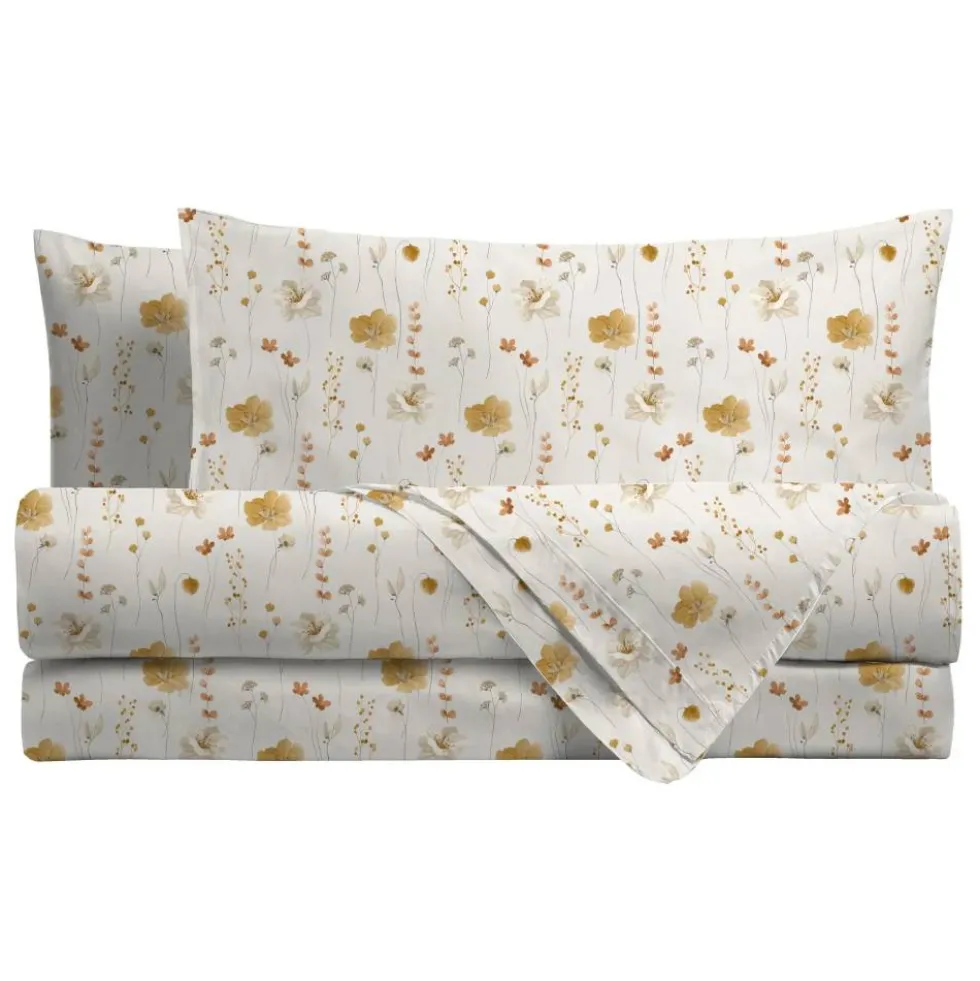Completo lenzuola matrimoniale in cotone MARIBEL beige a fiorellini