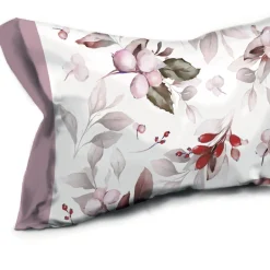 Completo lenzuola matrimoniali in cotone bianco a fiori malva