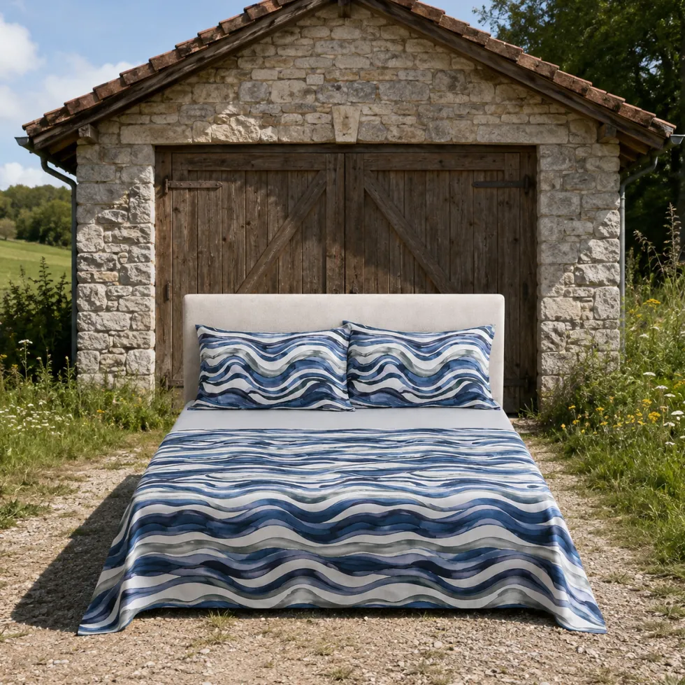 Completo Lenzuola Matrimoniale Enrico Coveri Onde Blu Perla in Percalle di Cotone
