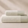 Coppia Asciugamani 1+1 panna con bordo a righe verdi stile Shabby