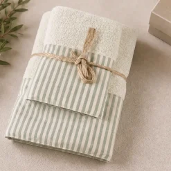 Coppia Asciugamani 1+1 panna con bordo a righe verdi stile Shabby