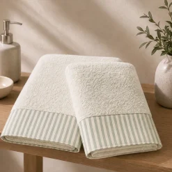 Coppia Asciugamani 1+1 panna con bordo a righe verdi stile Shabby