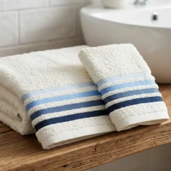 Coppia Asciugamani 100% Spugna di cotone bianchi con Righe blu