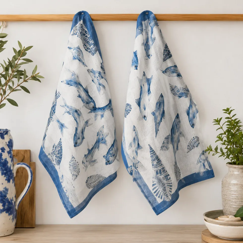 Coppia strofinacci da cucina Malè 100% cotone fantasia marina blu