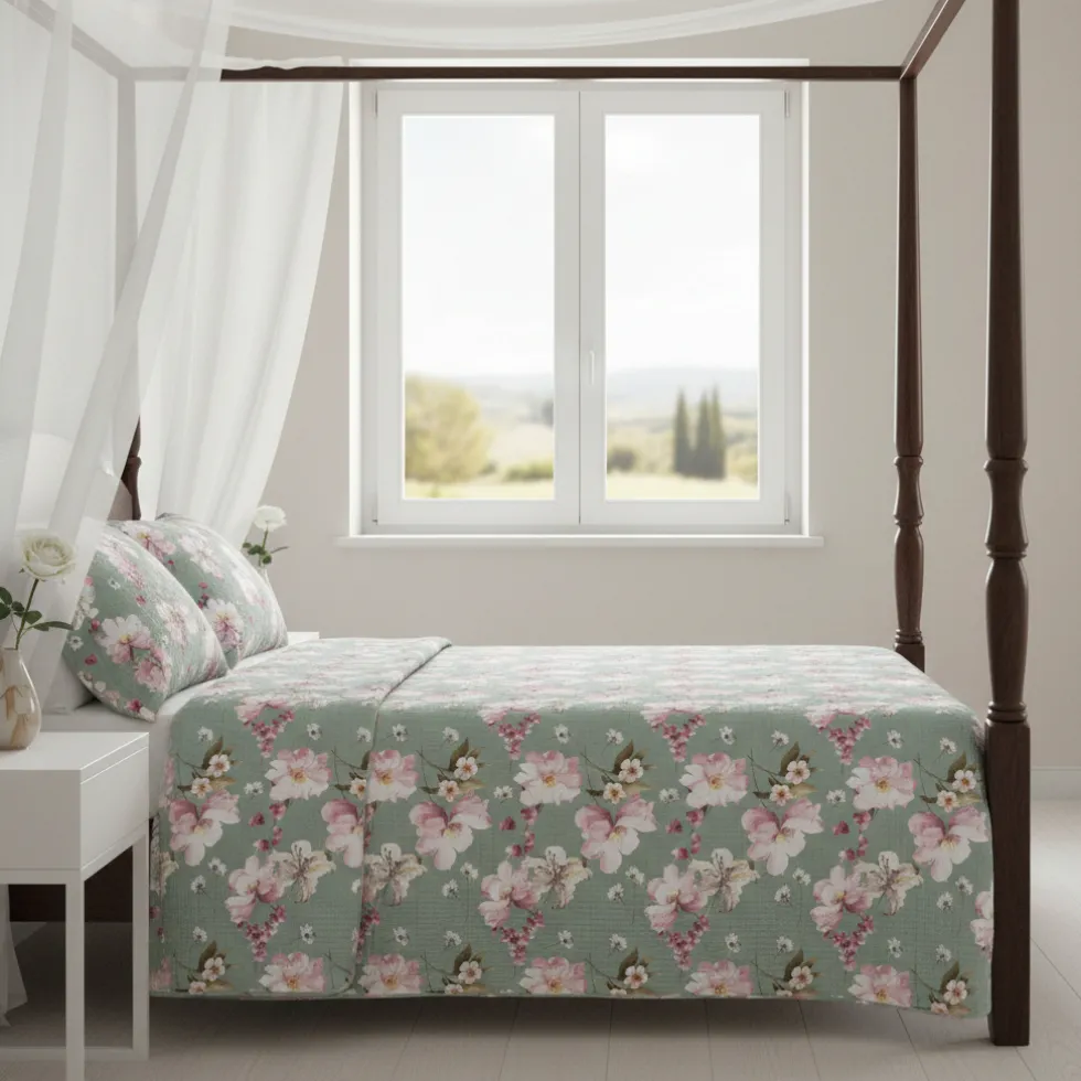 Copriletto Trapuntato anallergico ANDER 260x260 floreale verde acqua