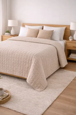 Copriletto Trapuntato Matrimoniale 260x260 Beige Effetto Lino Soft Touch