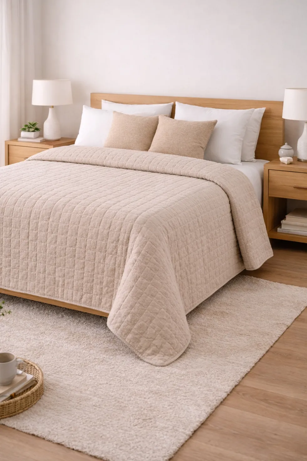 Copriletto Trapuntato Matrimoniale 260x260 Beige Effetto Lino Soft Touch