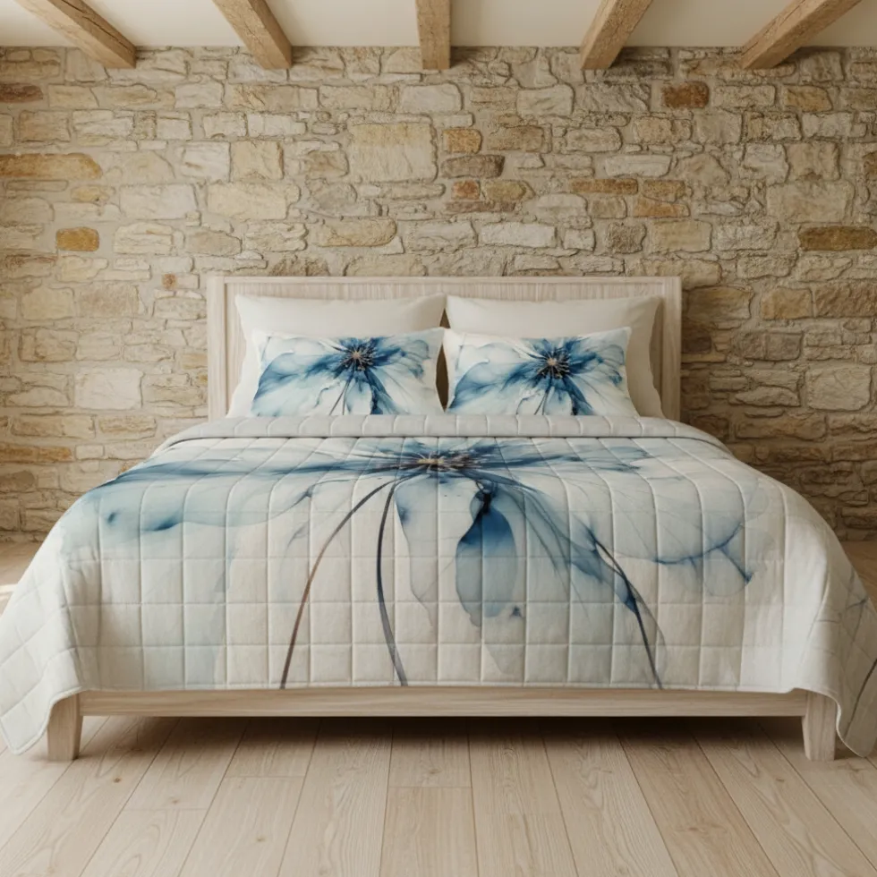 Copriletto trapuntato Primaverile matrimoniale floreale azzurro