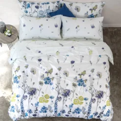 Copripiumino e federe in cotone matrimoniale Day Dream floreale blu