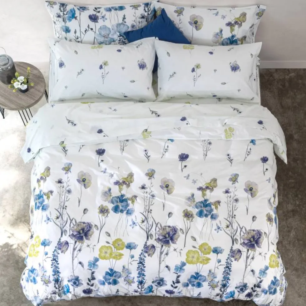 Copripiumino e federe in cotone matrimoniale Day Dream floreale blu