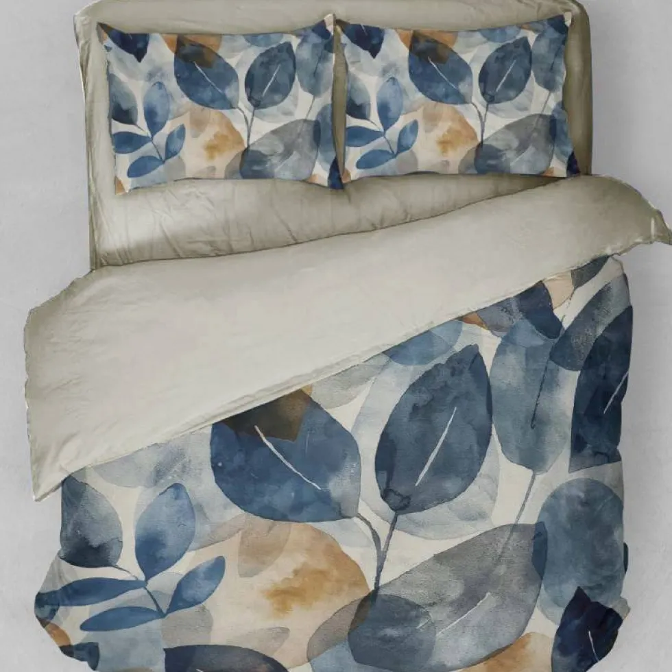 Copripiumino e federe matrimoniali in raso Astriel foliage blu e oro