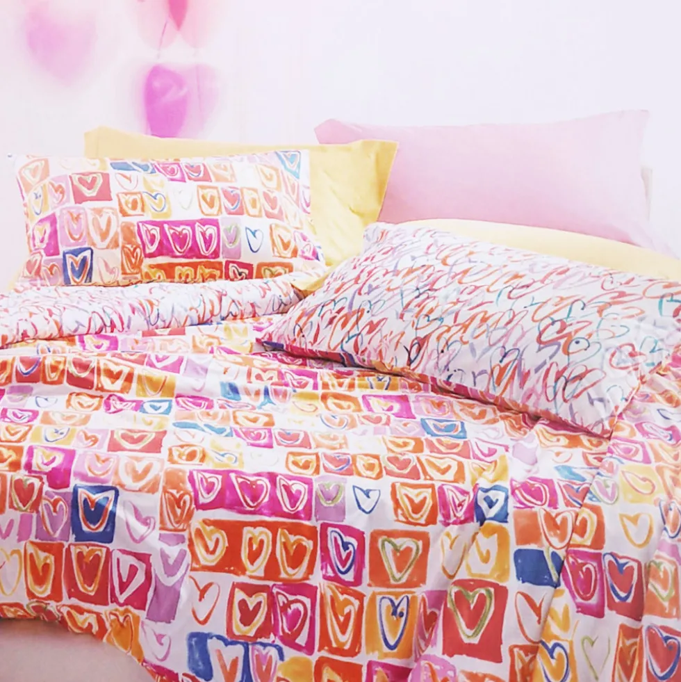 Copripiumino e federe percalle MIRABELLO Valentine cuori multicolori