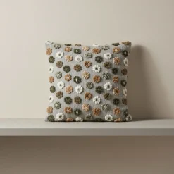 Cuscino in Lana Cotta 50x50 Margherite verdi su Fondo Grigio Stile Naturale