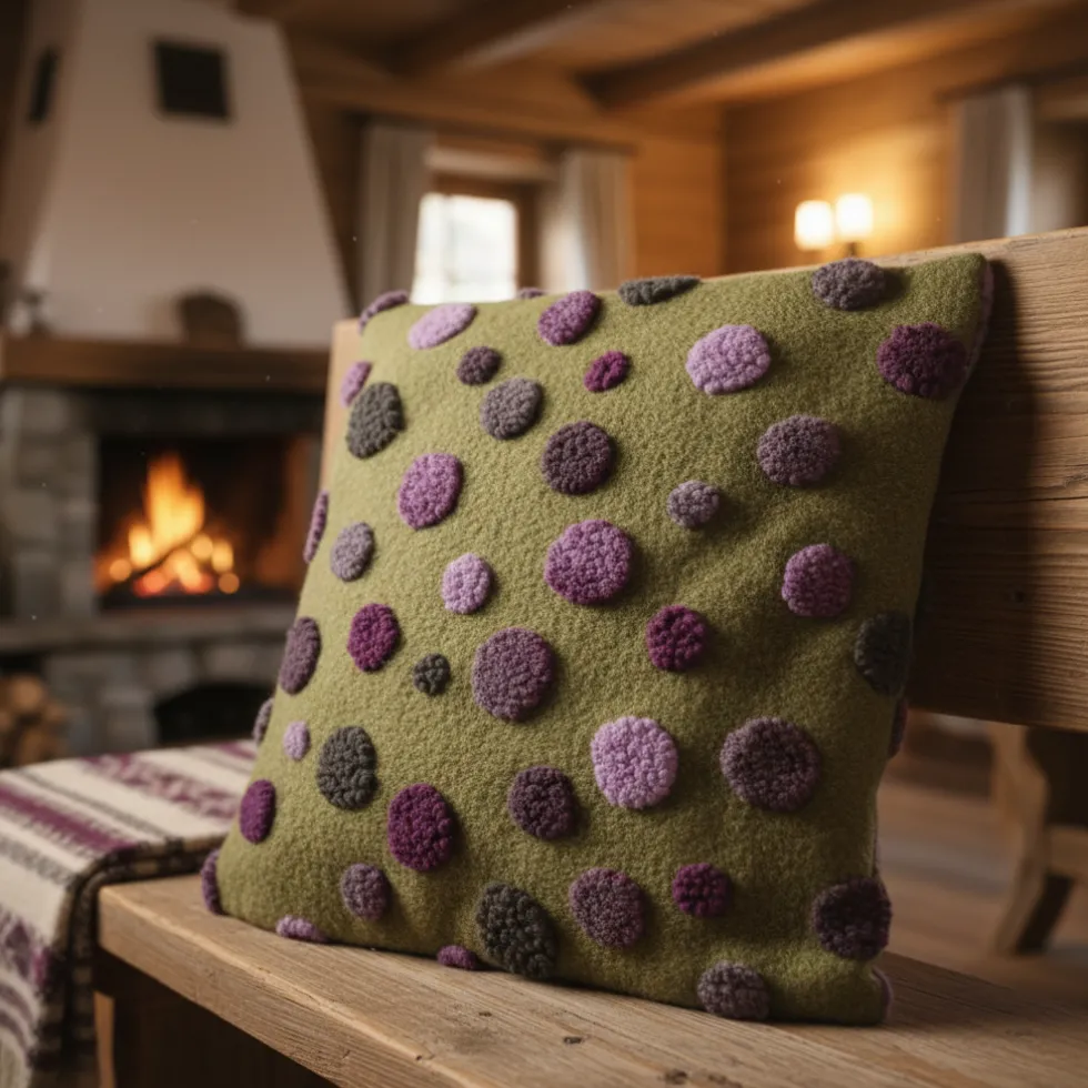 Cuscino in Lana Cotta 50x50 Pois Colorati su Fondo Verde Stile Caldo Decorativo