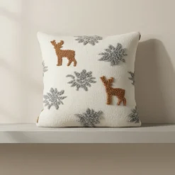 Cuscino in Pregiata Lana Cotta 50x50 - Cervi e Stelle bianco latte