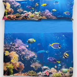 Lenzuola-copriletto in cotone Matrimoniale REEF fantasia marina