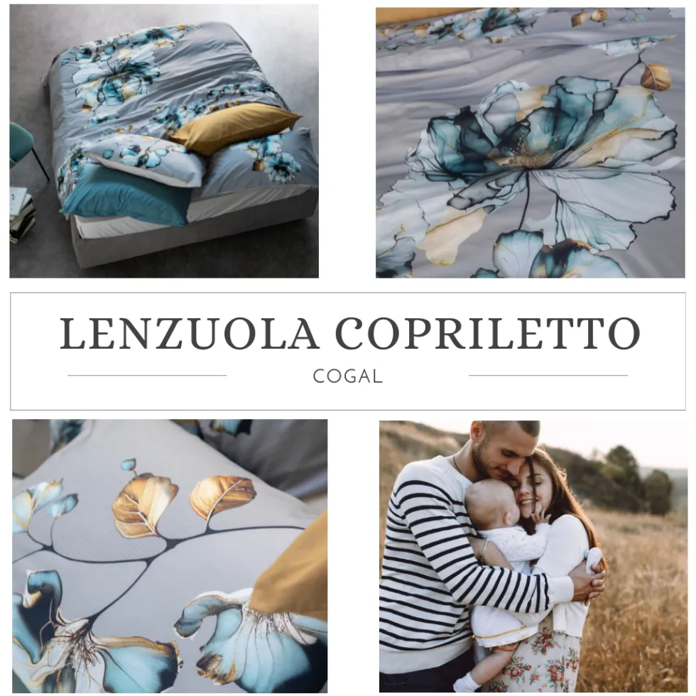 Lenzuola-copriletto matrimoniali in cotone completo floreale ottanio