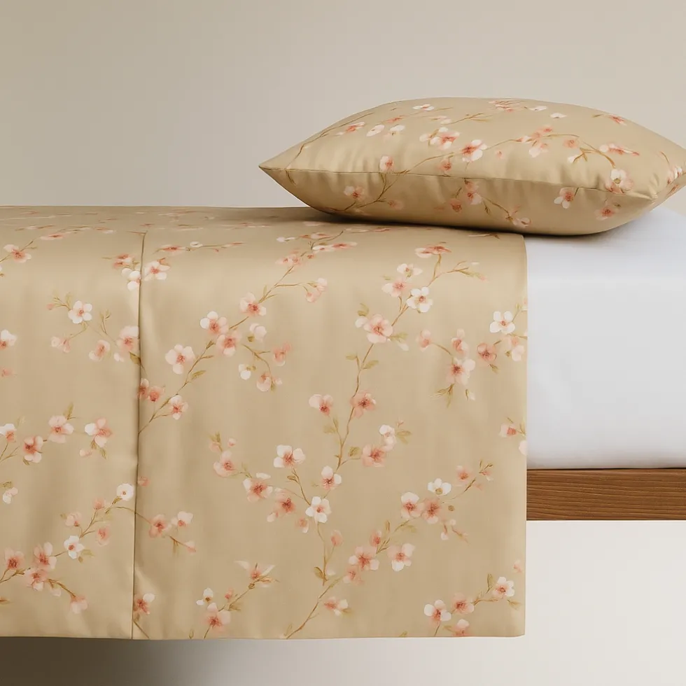 Lenzuola-copriletto Matrimoniale in raso RANDI ALMOND beige floreale