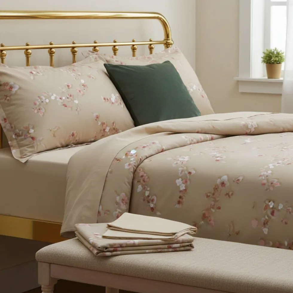 Lenzuola-copriletto Matrimoniale in raso RANDI ALMOND beige floreale