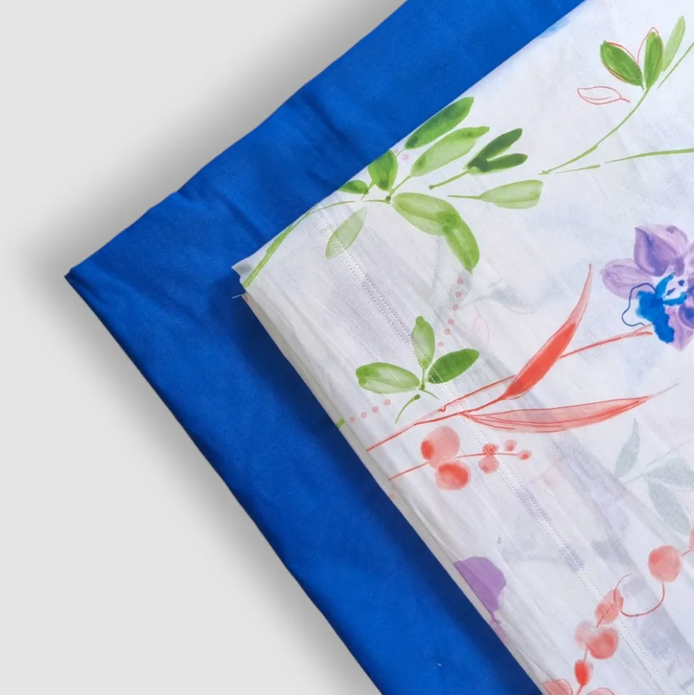 Lenzuola in cotone completo matrimoniale Aura floreale blu