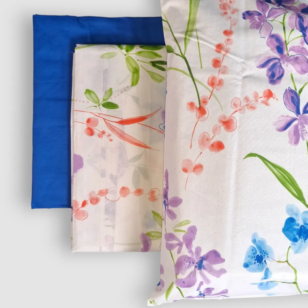 Lenzuola in cotone completo matrimoniale Aura floreale blu