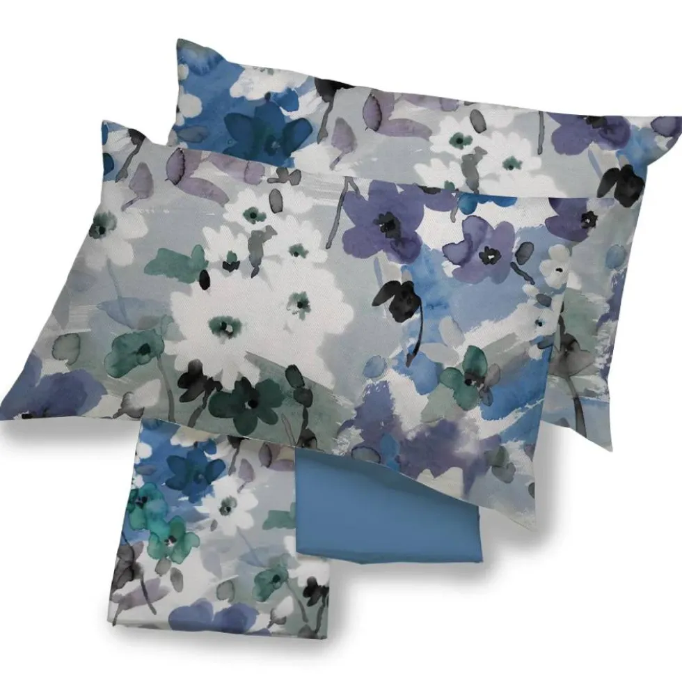 Lenzuola in cotone completo matrimoniale Aran floreale bluette