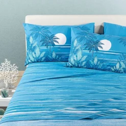 Lenzuola matrimoniale Caleffi Palm Spring bluette | Stampa Esotica