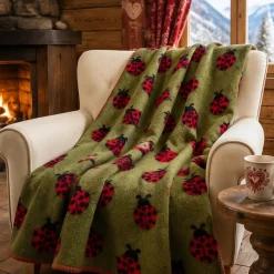 Morbido Plaid 150x170 Lana Cotta Fondo verde e Coccinelle rosse