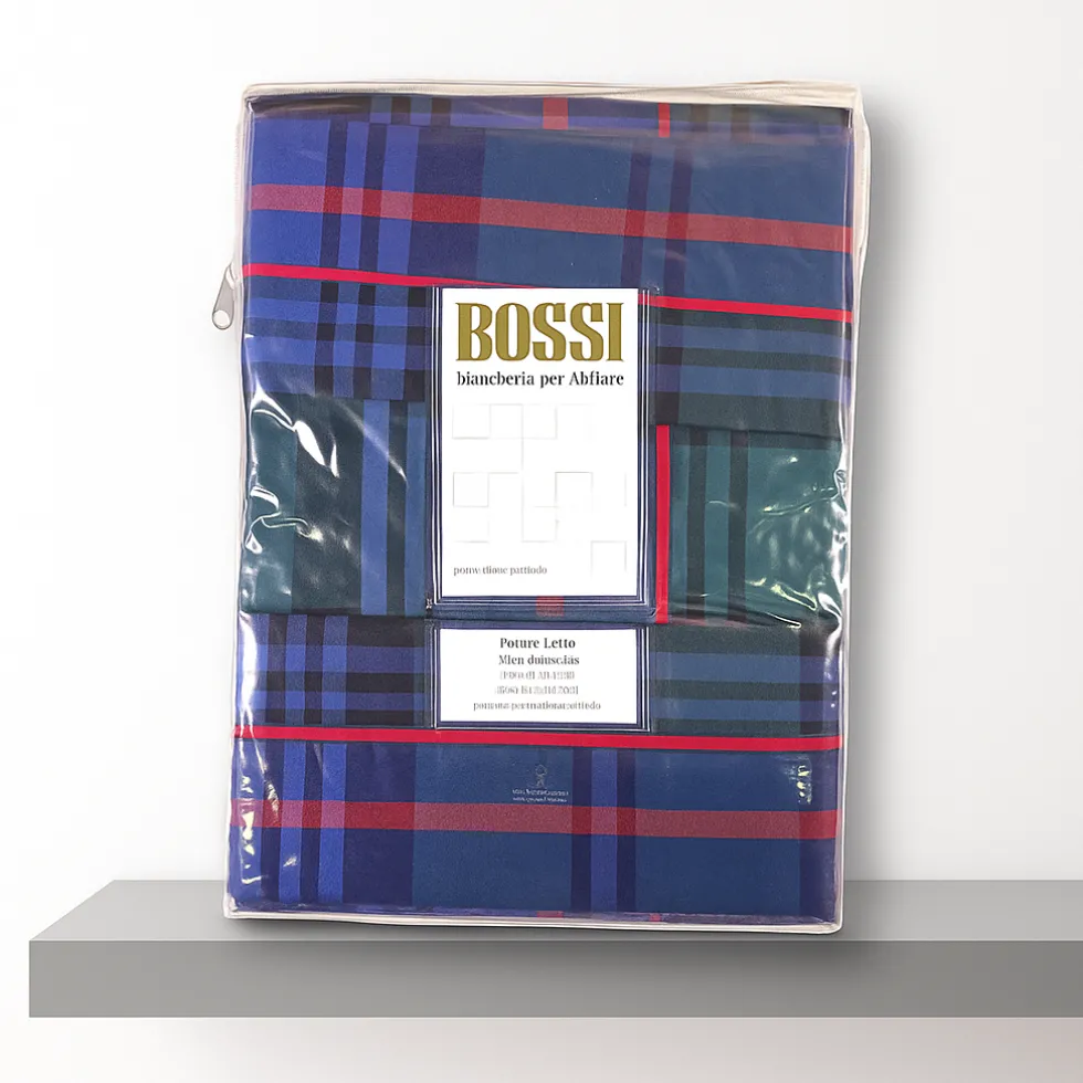 Parure lenzuola tinto filo matrimoniale Bossi WALLACE 7604 scozzese blu