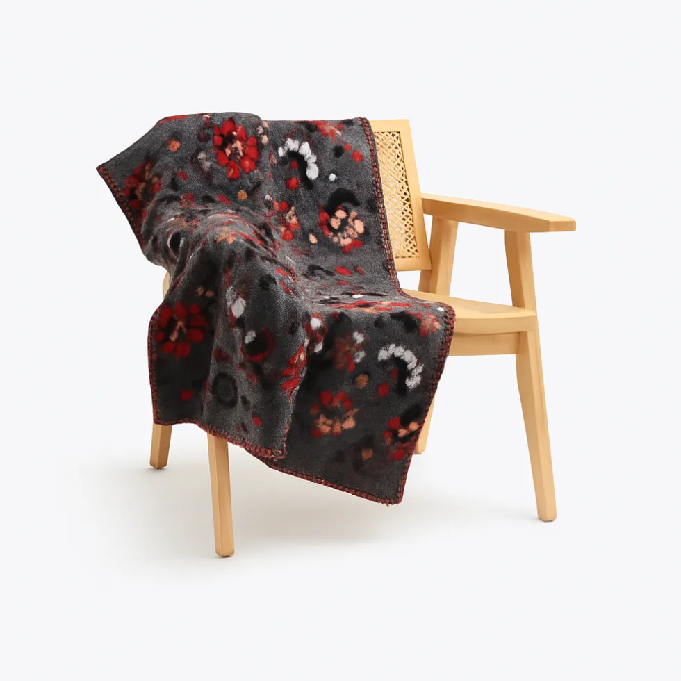 Plaid in Lana Cotta ANTRACITE con motivo floreale - Soffice e Accogliente per Casa
