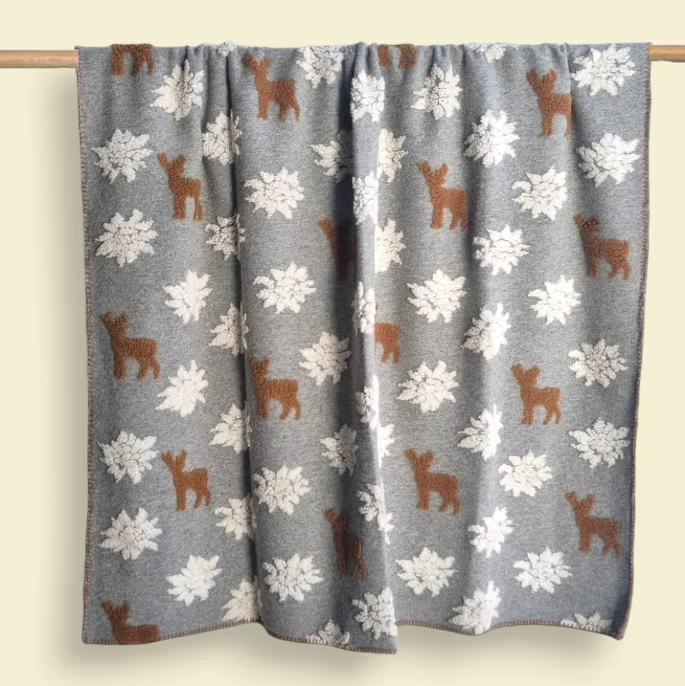 Plaid in Lana Cotta Panna con Cervi e fiocchi grigio - Soffice e Accogliente per Casa