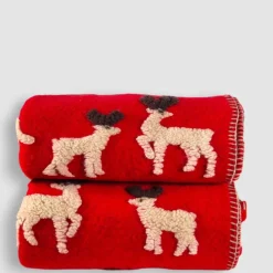 Plaid in Lana Cotta rosso con Cervi fondo rosso Natale - Soffice e Accogliente