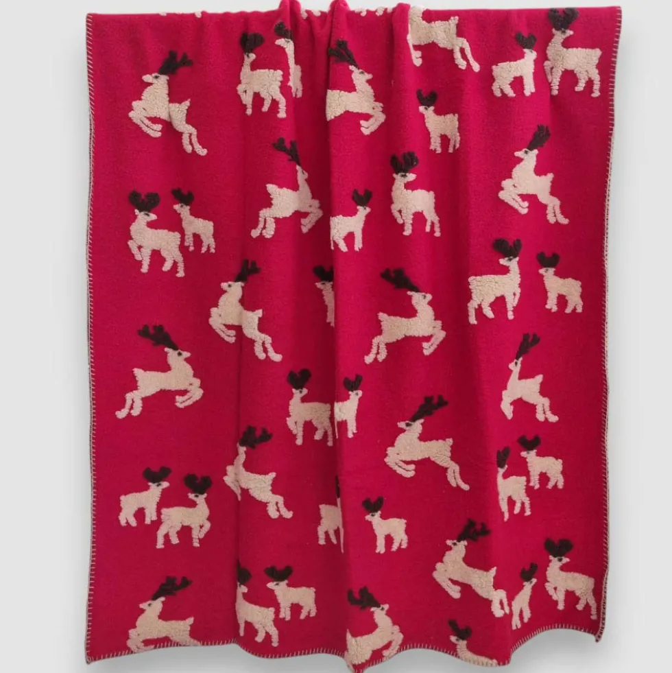 Plaid in Lana Cotta rosso con Cervi fondo rosso Natale - Soffice e Accogliente