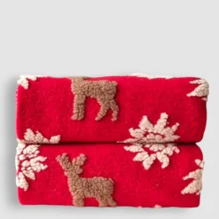 Plaid in Lana Cotta Rosso Natale con Cervi e fiocchi - Soffice e Accogliente per Casa