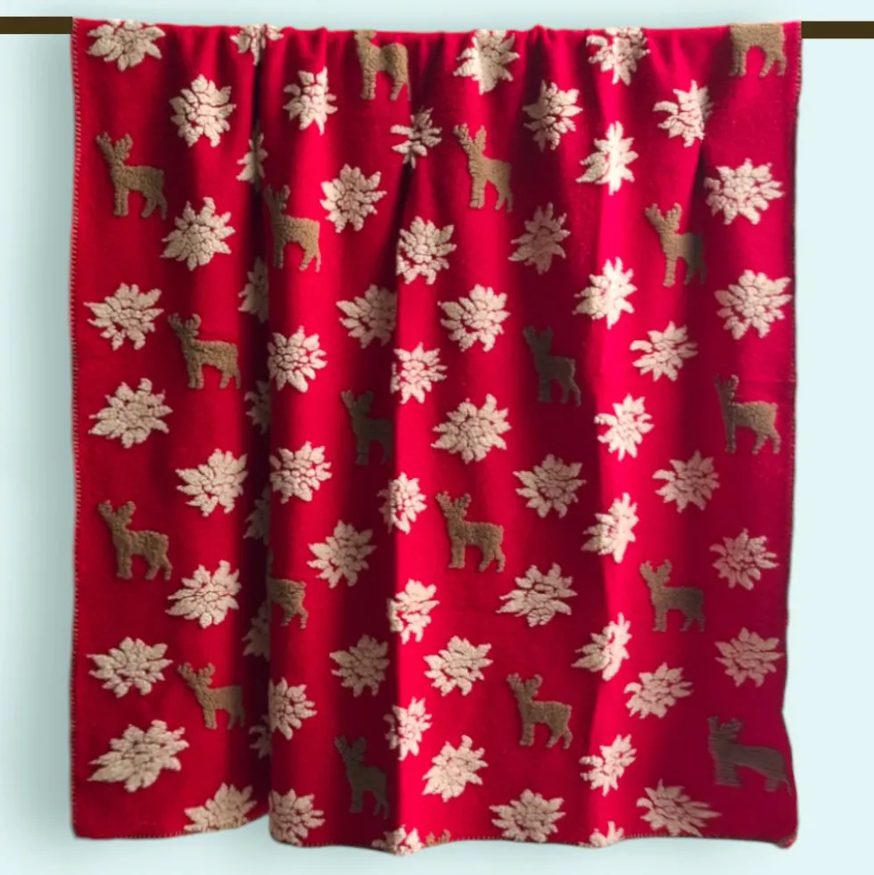 Plaid in Lana Cotta Rosso Natale con Cervi e fiocchi - Soffice e Accogliente per Casa