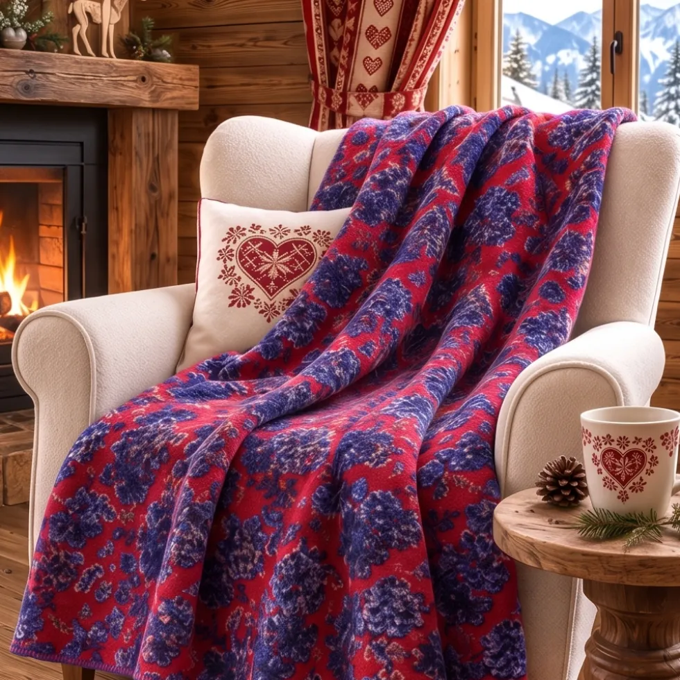 Plaid lana cotta 150x170 cm con motivo floreale-ramage rosso e blu