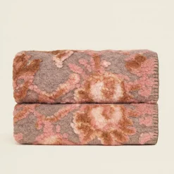 Plaid lana cotta 150x170 cm floreale rosa fondo grigio Bordo punto cavallo