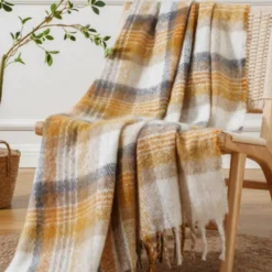 Plaid SWEET Mohair effect soffice coperta ocra 130x160 con borsa