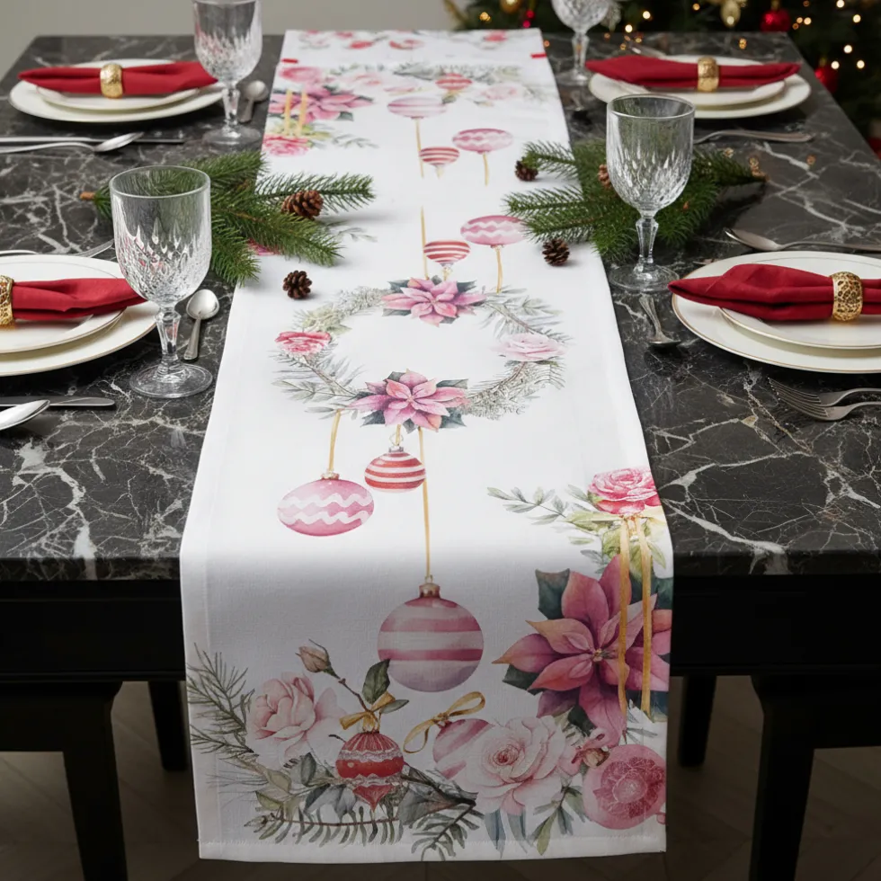Runner Natalizio in puro cotone Piazza Pitti Charm rosa 50x140 cm