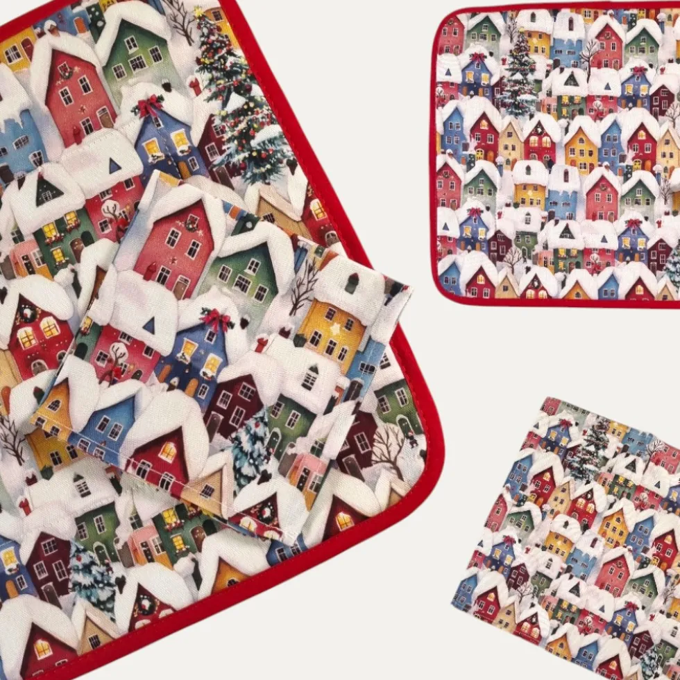 Set Americana Natalizio Casette Tovaglietta e Tovagliolo