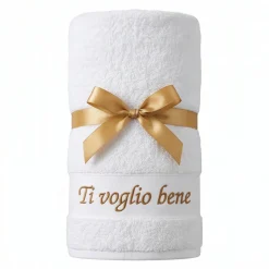 Set Asciugamani Bianco ricamato Ti Voglio Bene 50x100 e 40x55 cm