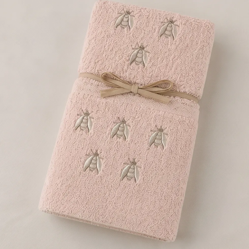 Set Asciugamani in Morbida Spugna di Cotone rosa Ricamo Api