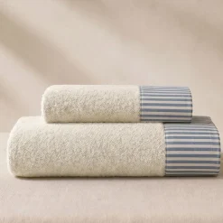 Set Asciugamani 1+1 in spugna panna con righe bluette | Arredo Bagno