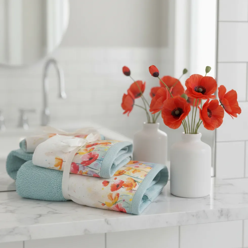 Set Asciugamani viso e ospite con bordo applicato Papaveri acqua