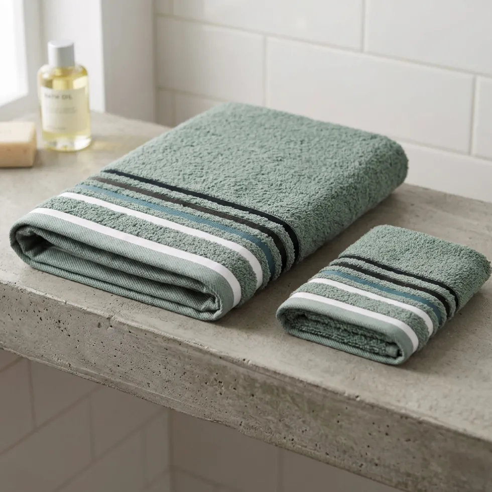 Set 1+1 asciugamano viso con ospite verde salvia con bordo a righe in tono