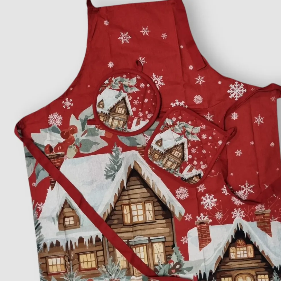 Set da cucina grembiule + 2 presine in cotone HOGAR Natalizio rosso